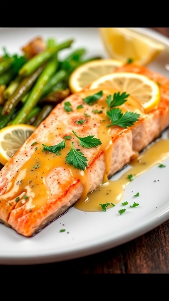 Zesty Lemon Garlic Salmon fillet garnished with parsley and lemon slices on a white plate.